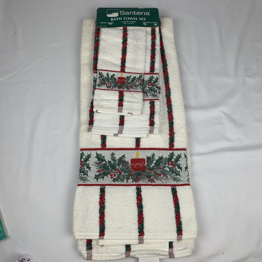 Santana Bath Towel Set Vintage Christmas Candle, Holy Red‎ And Green Made In USA